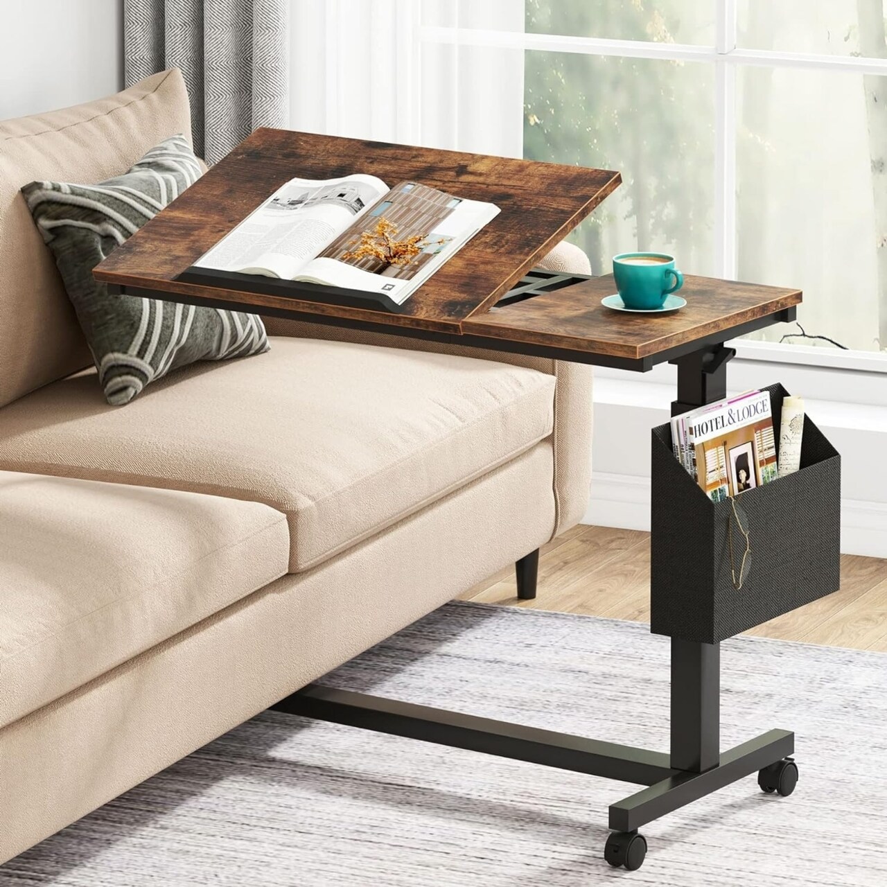 Tribesigns Height Adjustable C Shaped End Table With Wheels And Side Pocket Mobile Sofa Snack Table With Tiltable